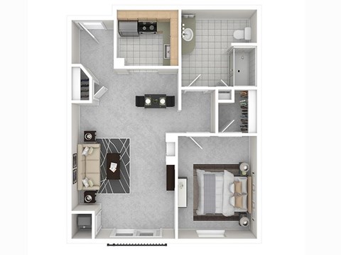 A floor plan of a small apartment with a kitchen, living room, and bathroom.